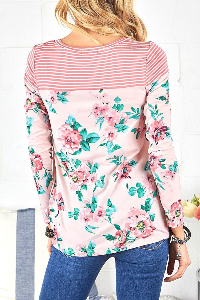 Stripe contrast floral twisted hem top (EF4970)