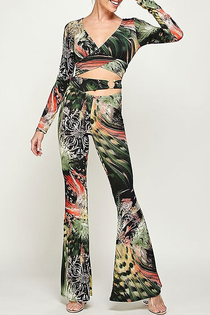 Feather print crop top and pants set (EF2901)