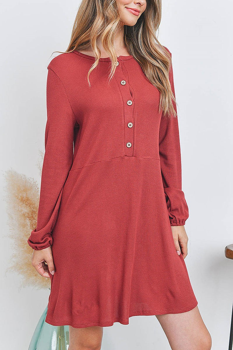 Button front bubble sleeve dress (DED6965)