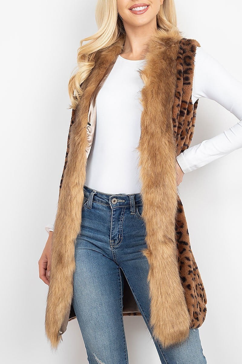 Leopard faux fur trim vest lined (DGS5305)