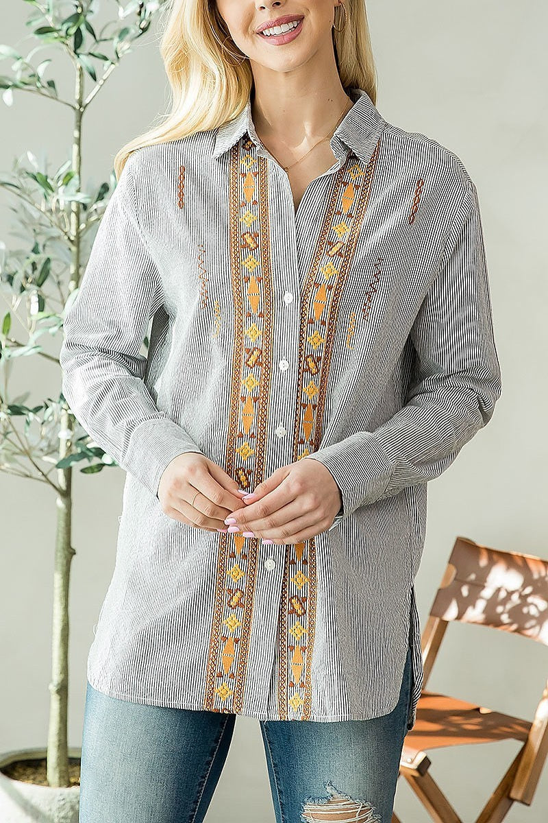 Collared embroidered button front top (EF3961)