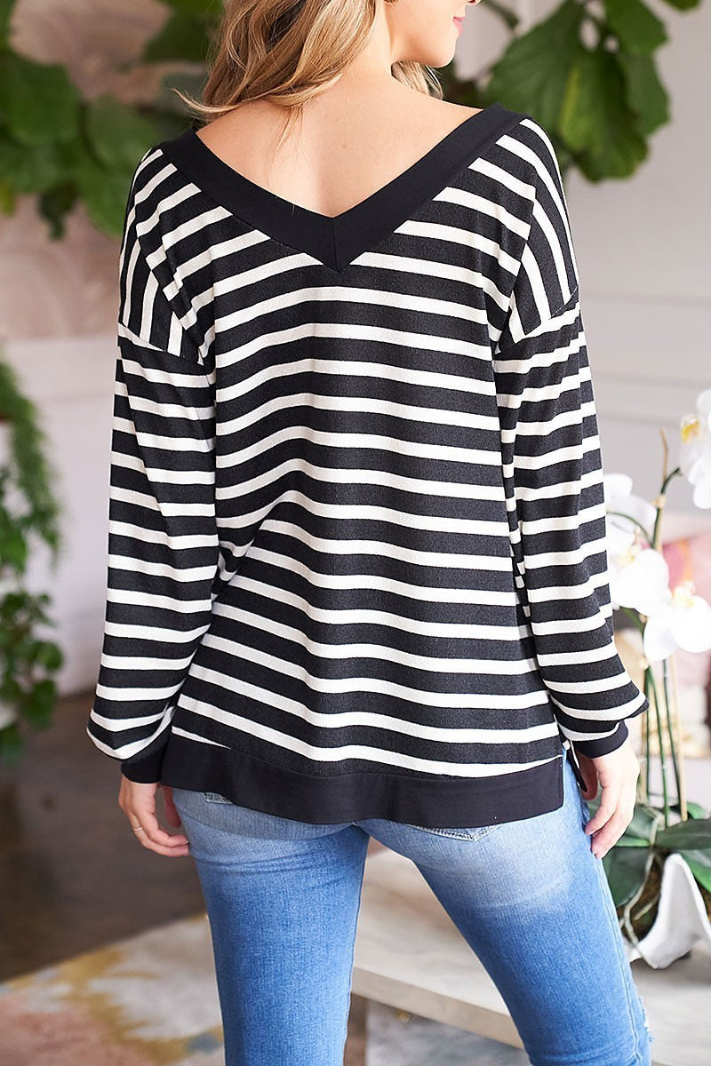 V neck long sleeve stripes top (EF7895)