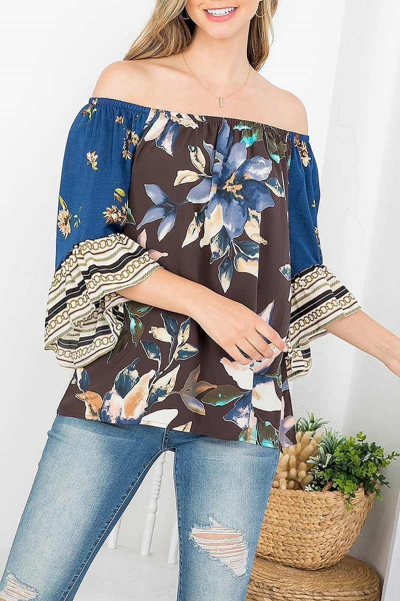 Off shoulder floral print ruffle sleeve top (EF4306)