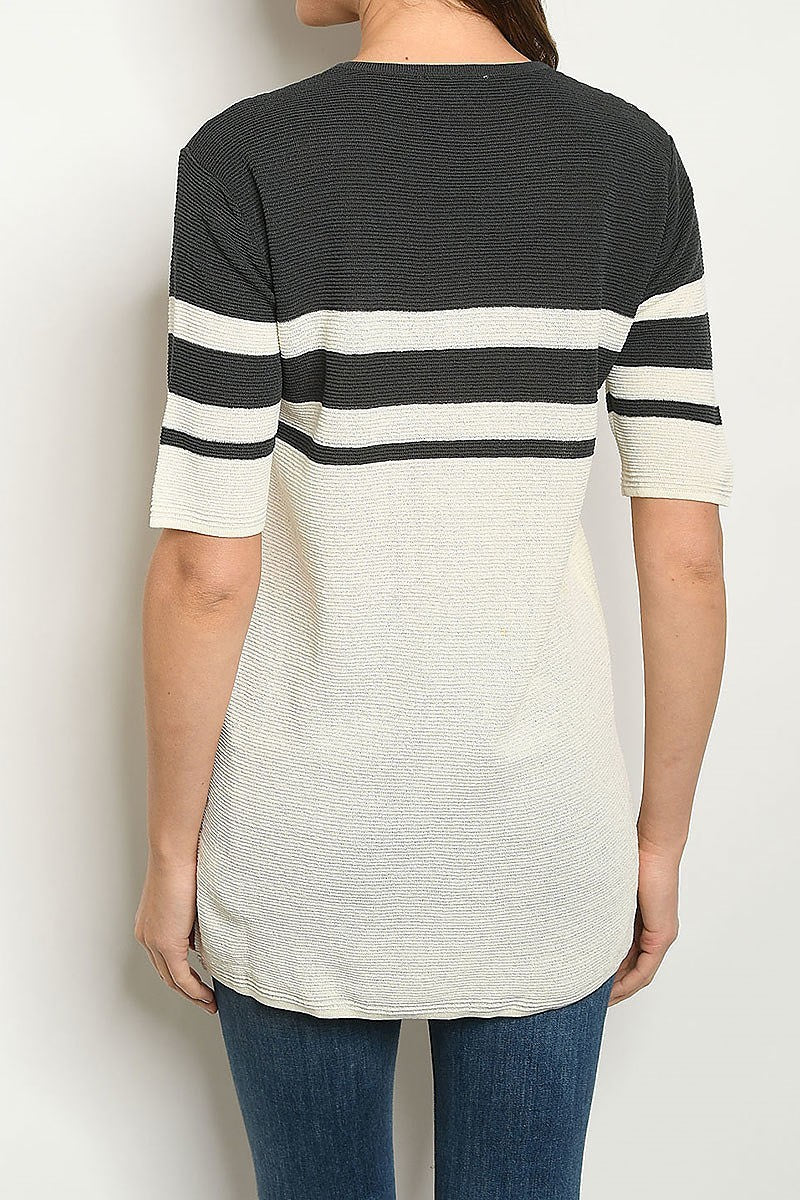 Crew neck stripe color block sweater top (ED7735-1)