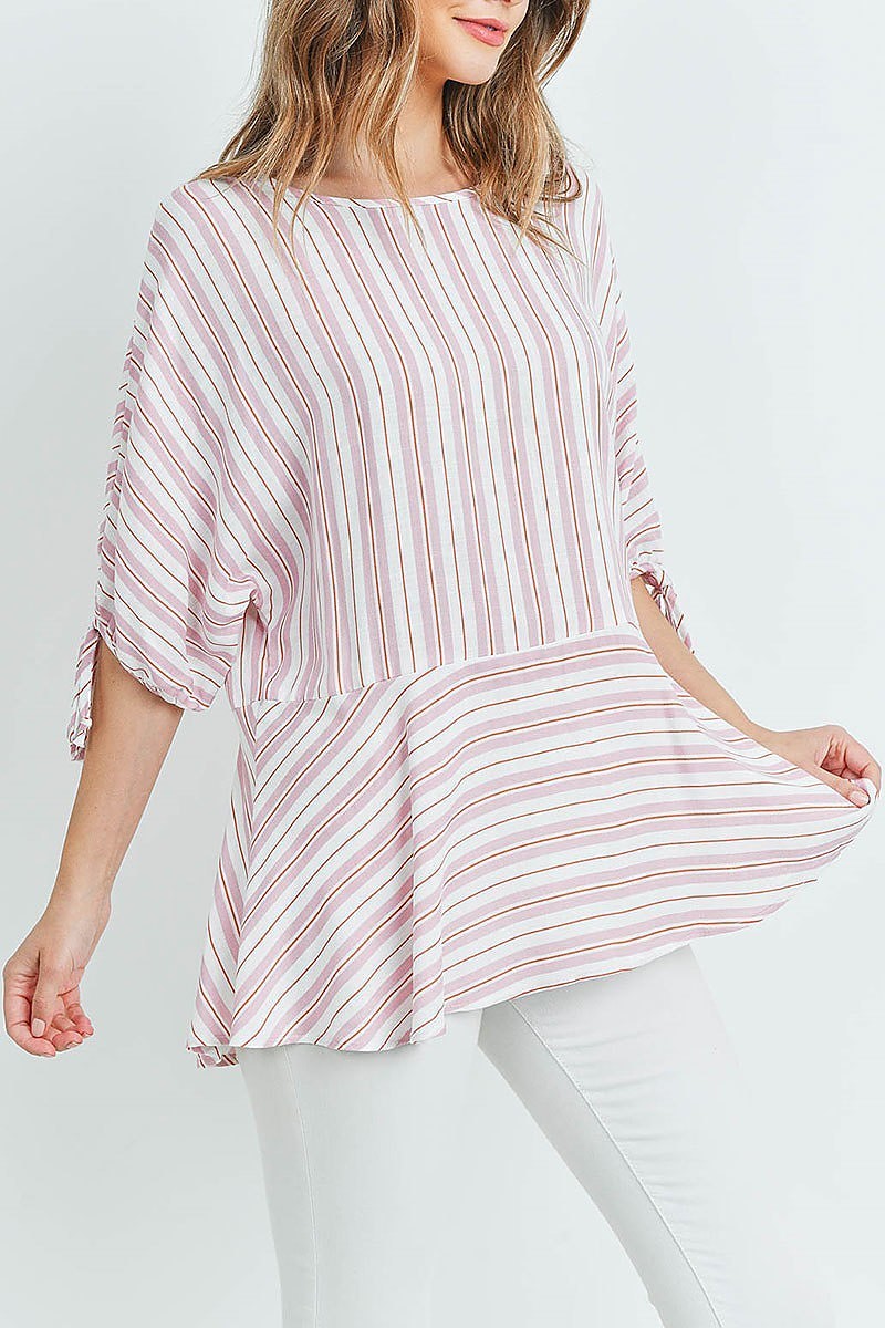 Tie sleeve boat neck stripe loose fit top (ED8587-2)