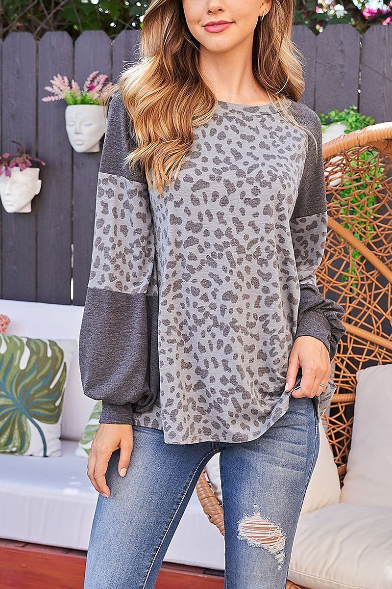 Puff sleeves leopard contrast top (EF2262)