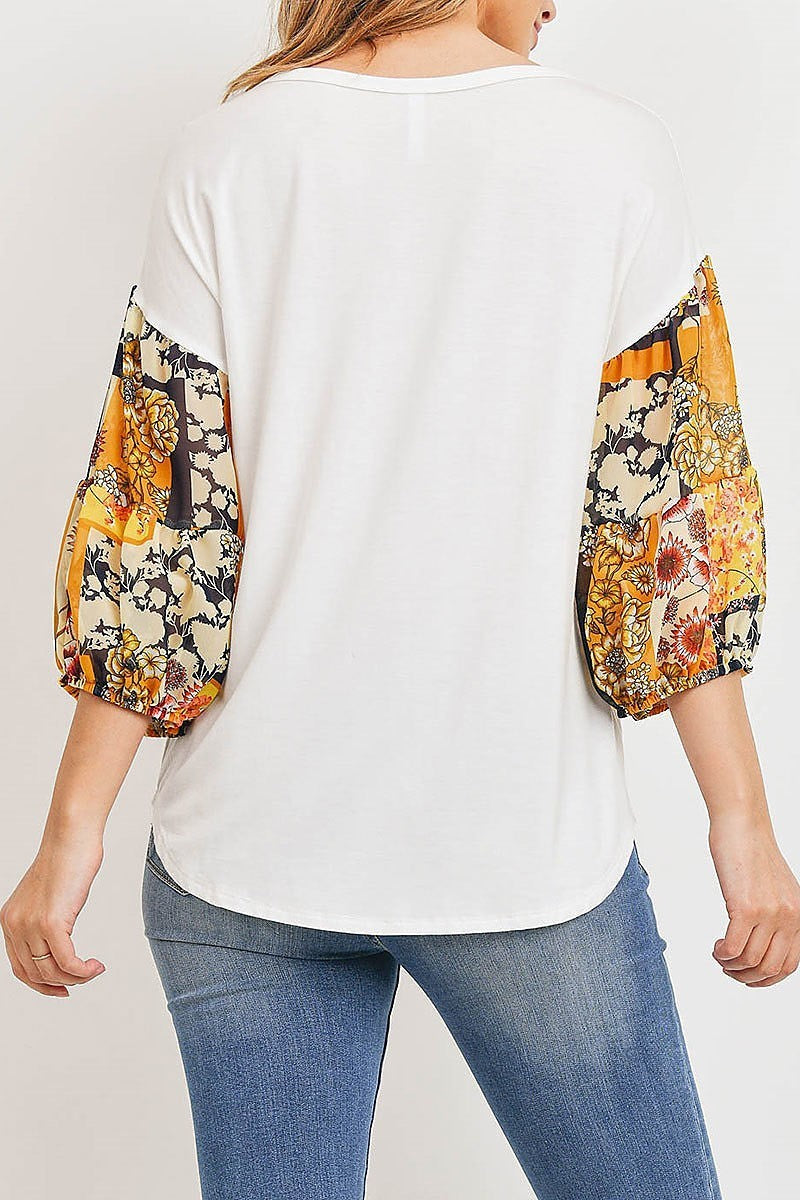 Floral print bubble sleeve color block top (ED8926)