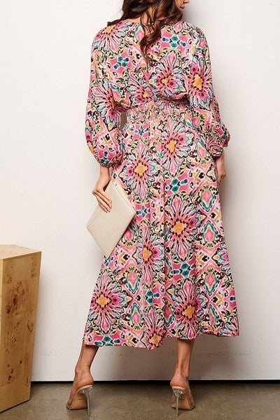 3/4 sleeveles v-neck smock waist multi print dress (EFWT9249)