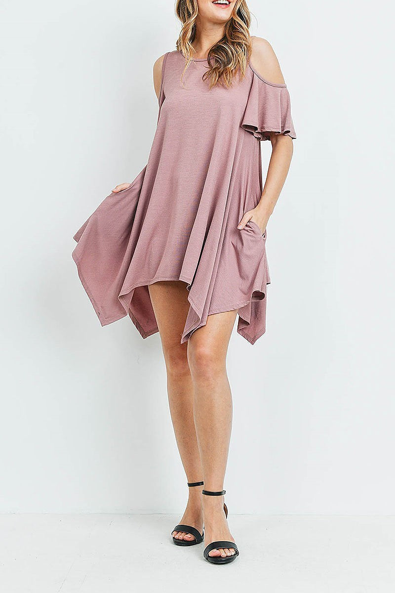 Cutout shoulder flutter sleeve shark bite hem dress (DED6052)