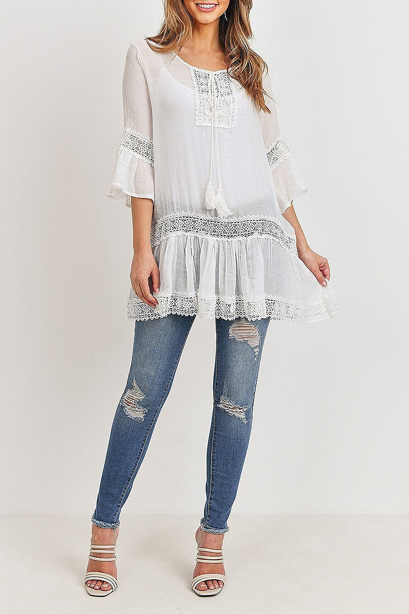 Lace trimmed bell sleeve tunic top (ED8548)