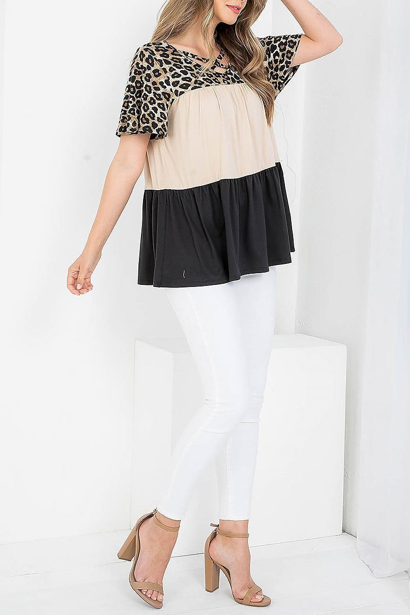 Leopard crisscross neck color block top (EF3926)