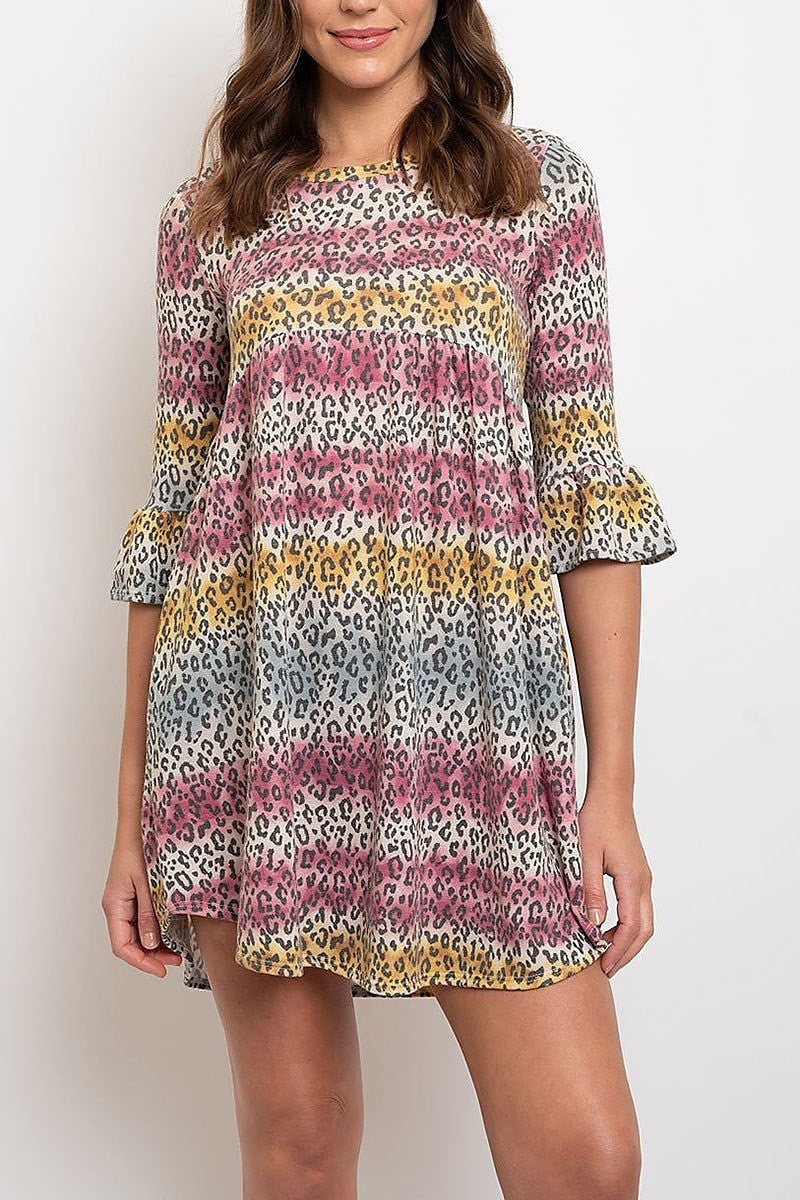 Multi animal print ruffle sleeves tunic dress (EDWT2086)