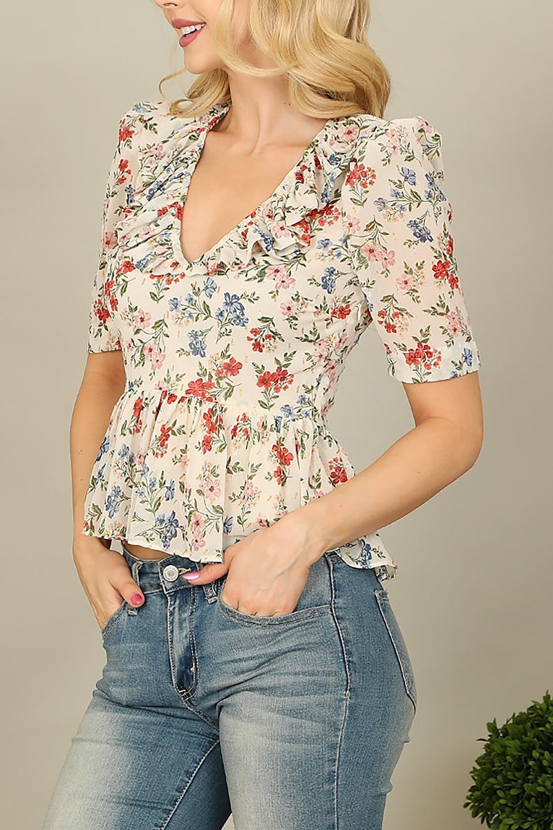 Ruffle v-neck half sleeve peplum floral top (EF7366)