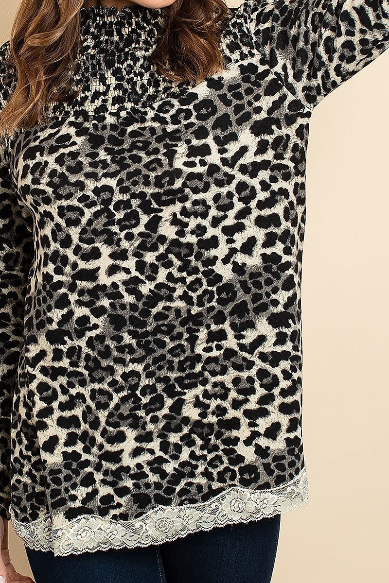 Long sleeve mock neck lace trim hem animal print blouse top (DGS4992-2)