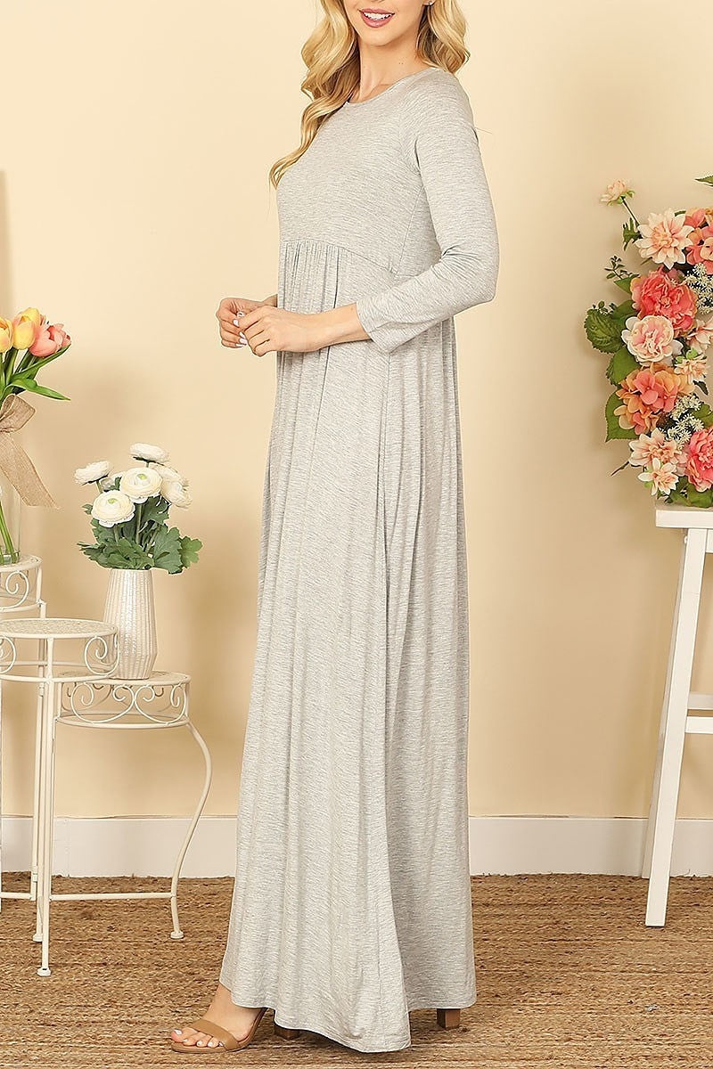 Quarter sleeve pleated waist solid maxi dress (DED9442)