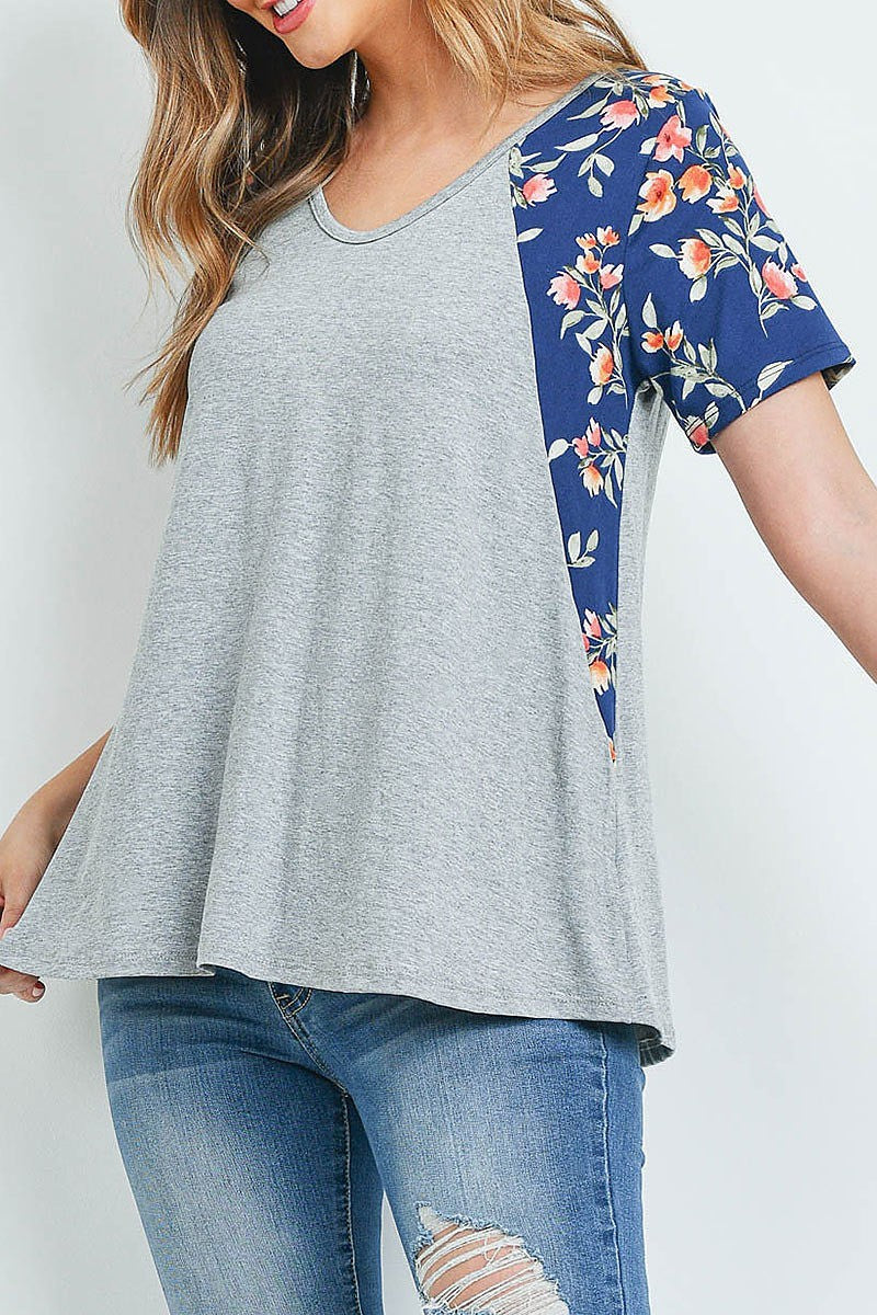 Floral print v neck color block top (ED9599)