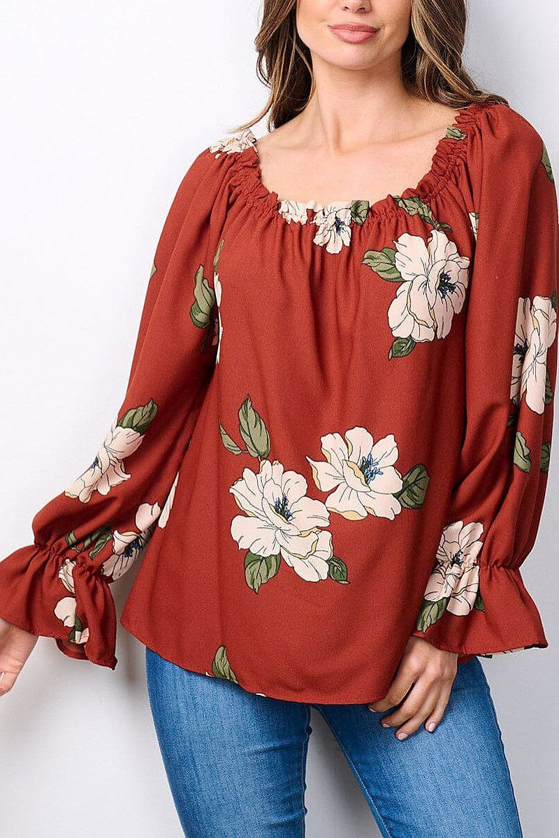 Long sleeve elastic neck floral blouse top (EFWT7481)