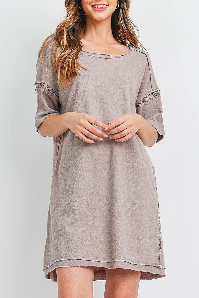 Lace trim raw edge detail loose fit dress (DED6554)