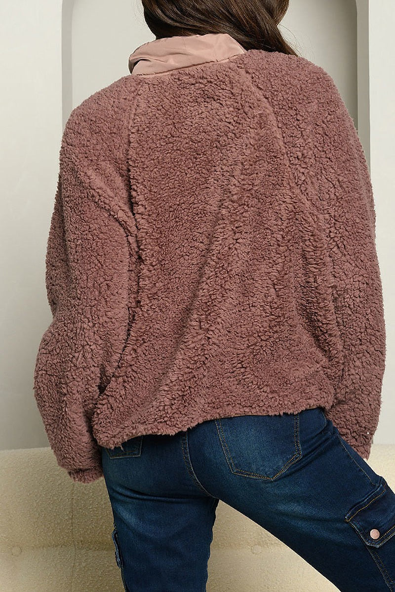 Button front pocket detail sherpa sweater (EDWT4769)