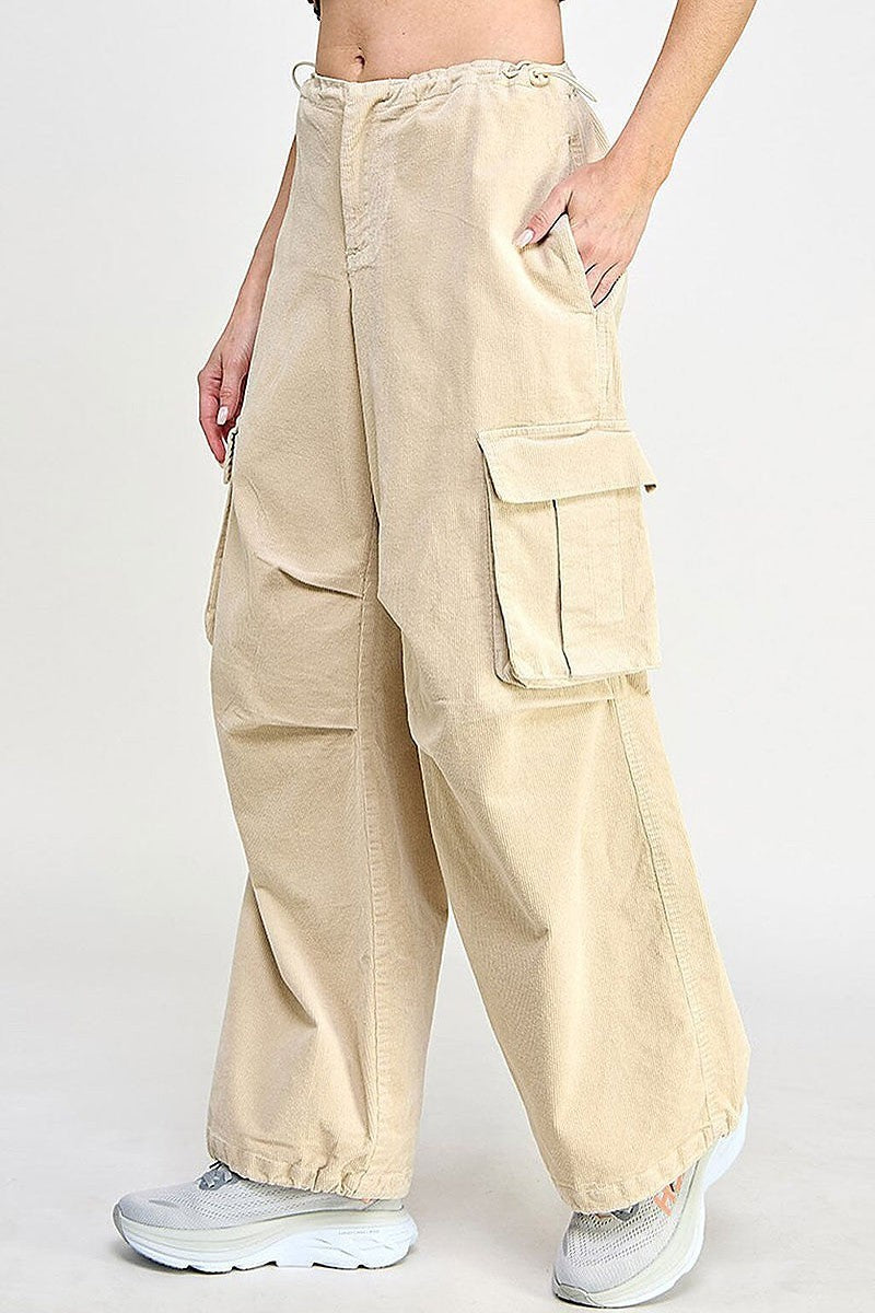 Zip up cargo pockets wide leg corduroy pants (EGWT2558)