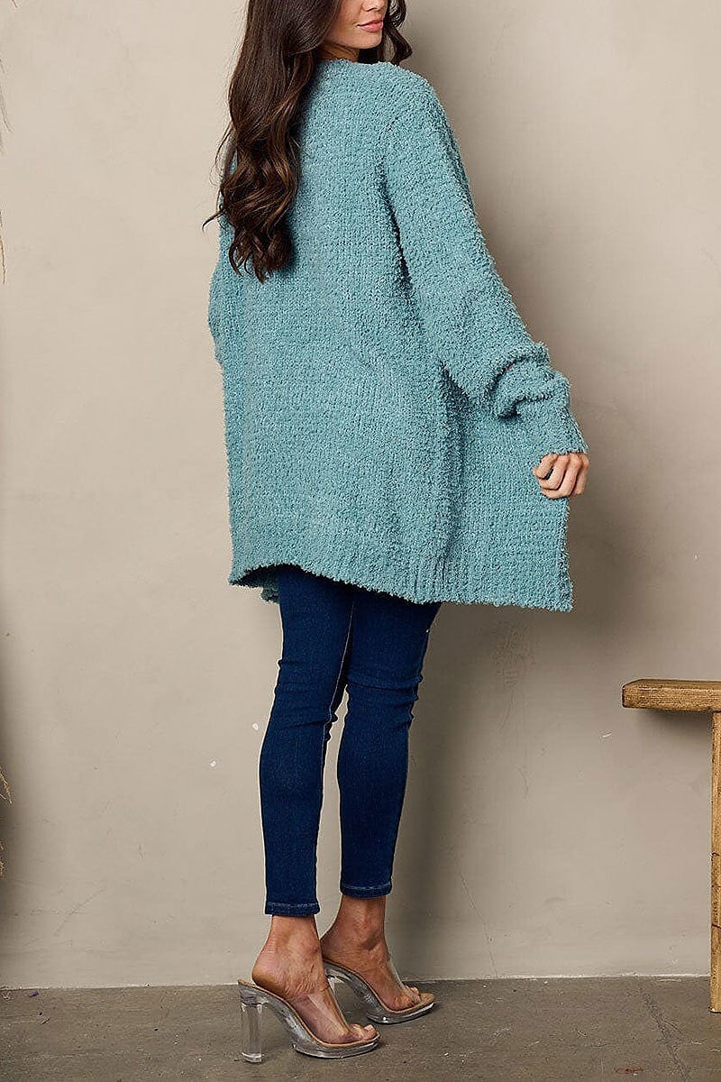 Long sleeve pockets fuzzy open cardigan (EFWT1886)