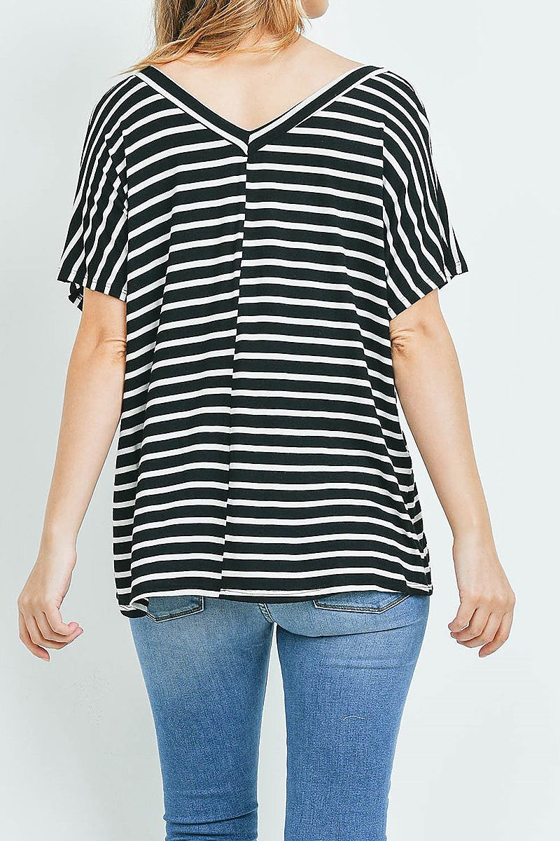 V neck stripe loose fit top (ED9531)