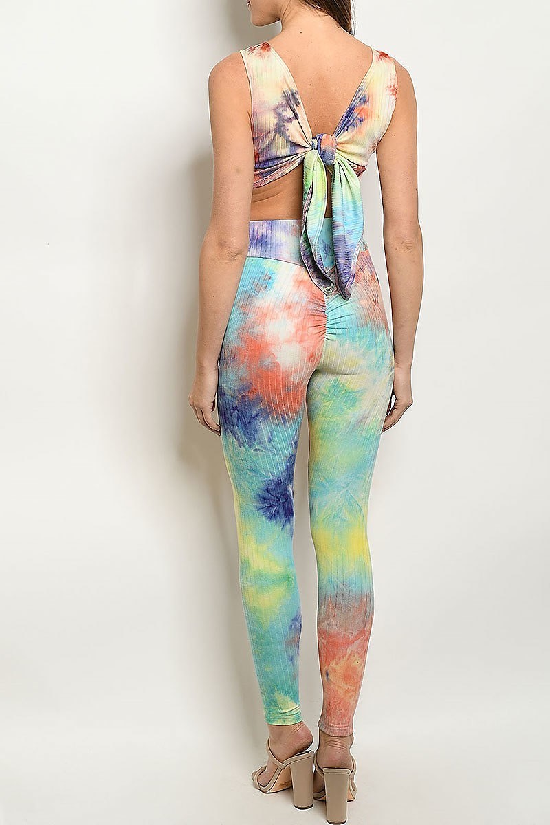 Tie dye crop tie back top and pants set (ED7758)