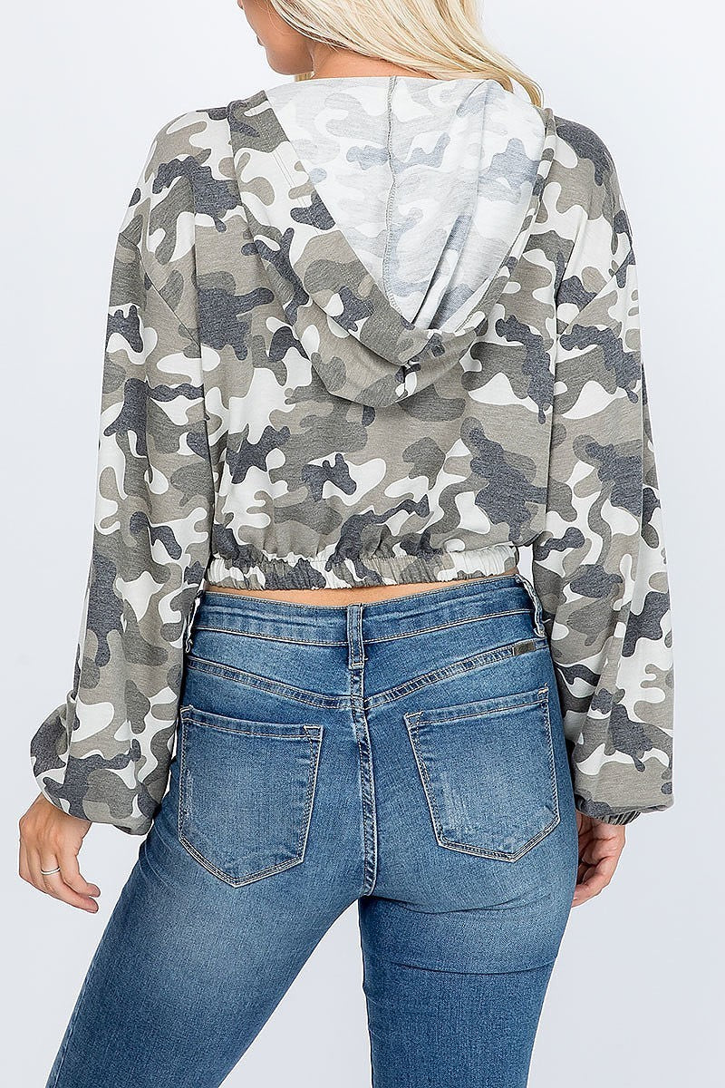 Boat neck elastic waist camo print crop top (EF2141)