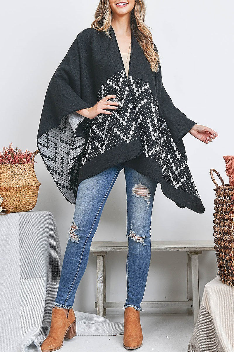 Open front square pattern ruana wrap kimono (DGS5502)