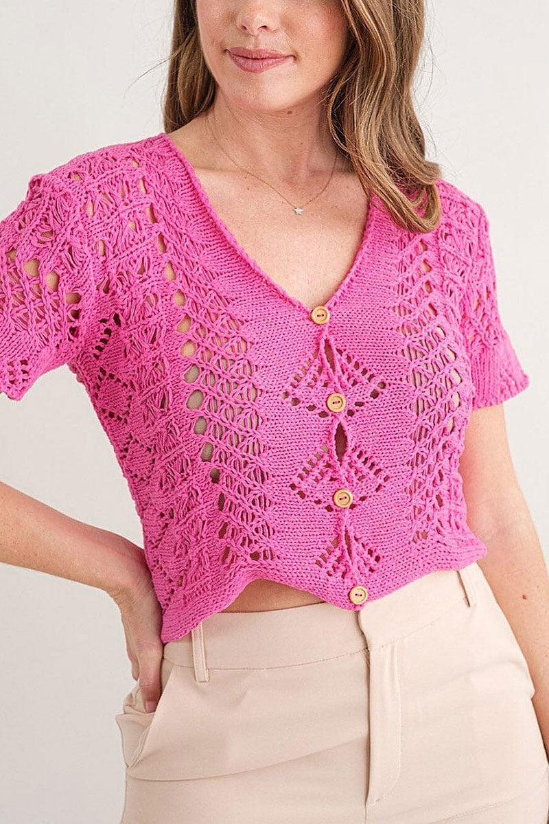 Short sleeve button up knitted blouse top (EFWT9692)