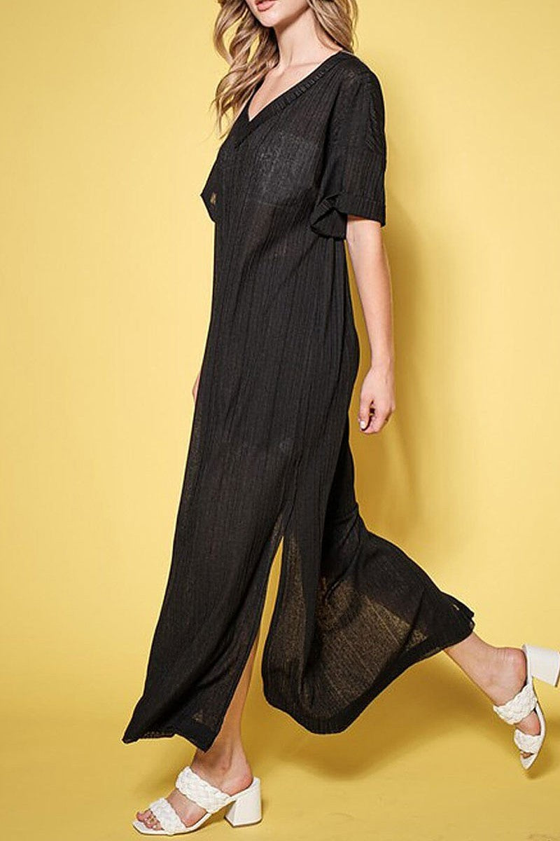 Short sleeve v-neck tunic ribbed maxi dress (EFWT9537)