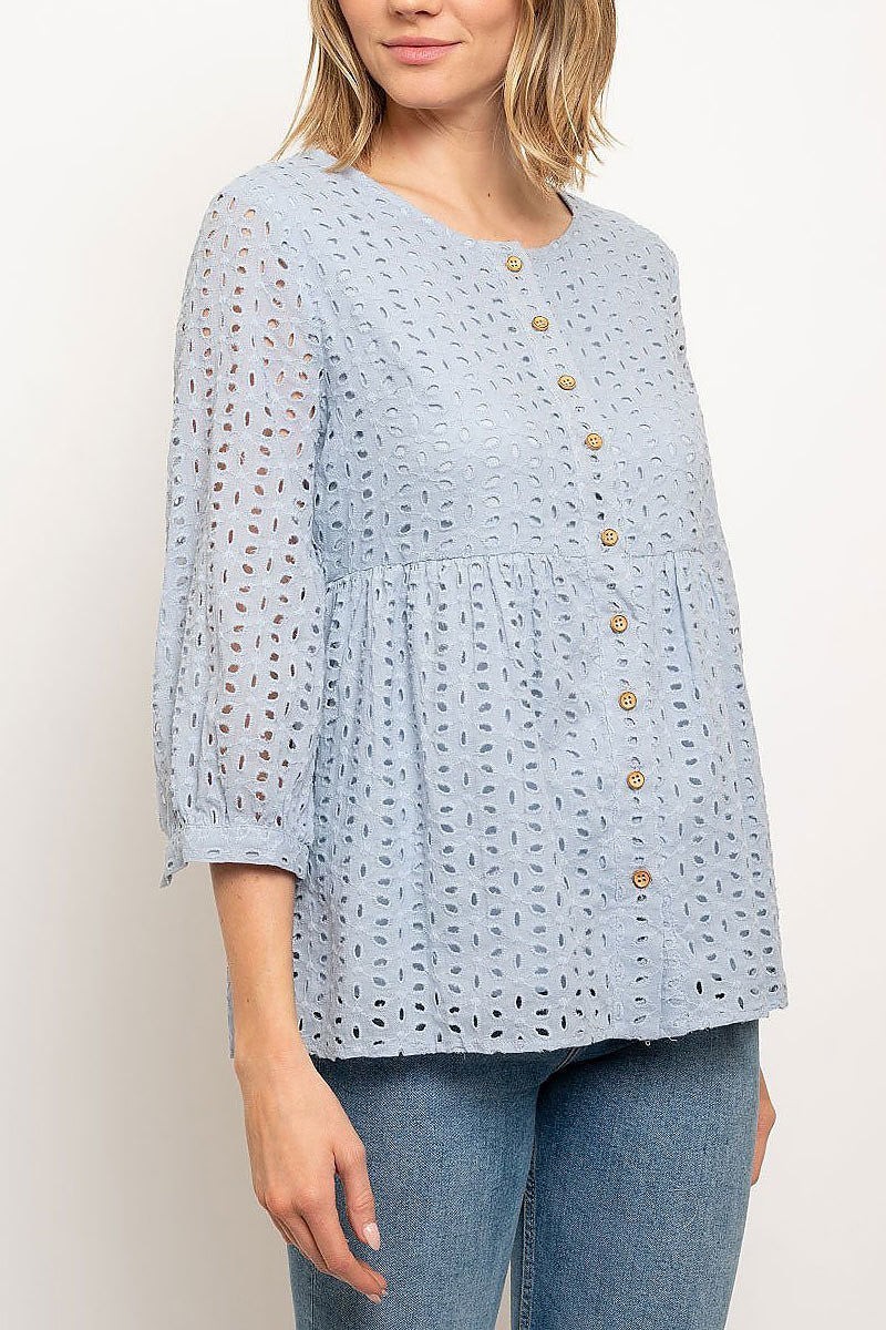 Bubble sleeve eyelet detail button front top (EDWT2364)