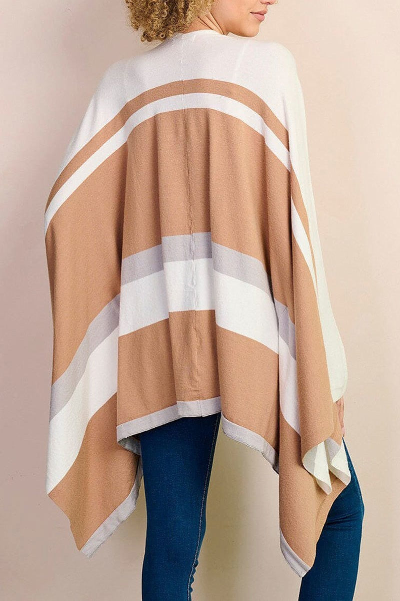 Long sleeve open front colorblock poncho (EFWT8550)