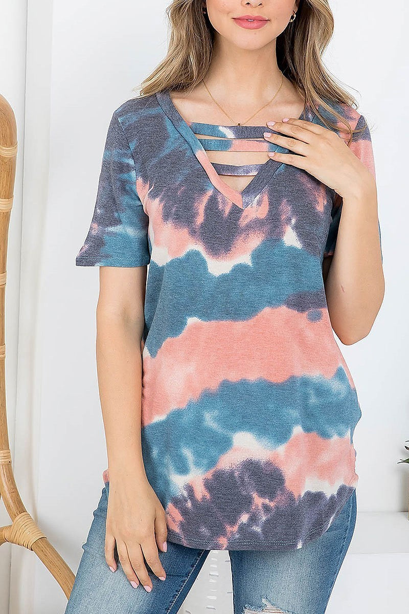 Tie dye keyhole v neck blouse top (EF4093)