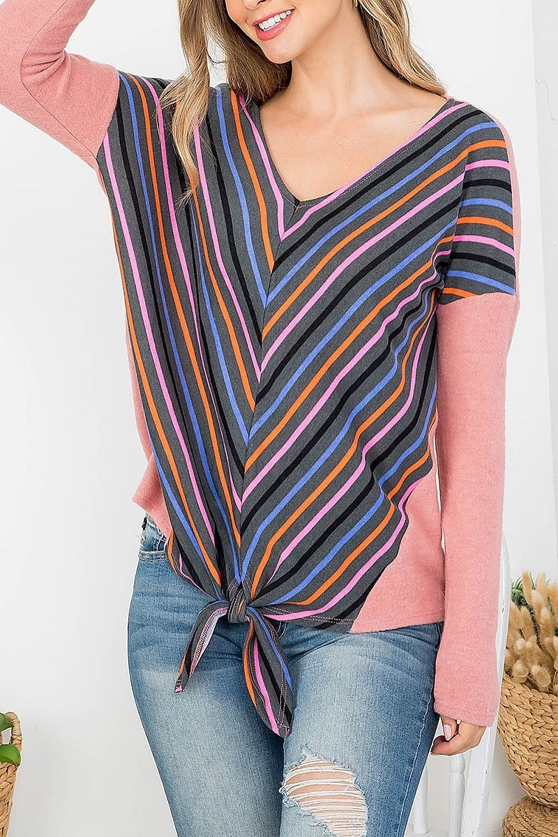 V neck chevron stripe color block waist tie top (EF4334)