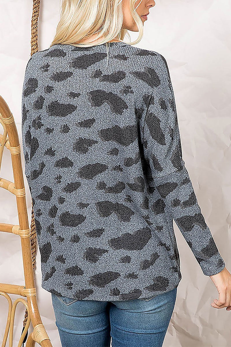 Elastic hem v neck cold should rib leopard top (EF2401)