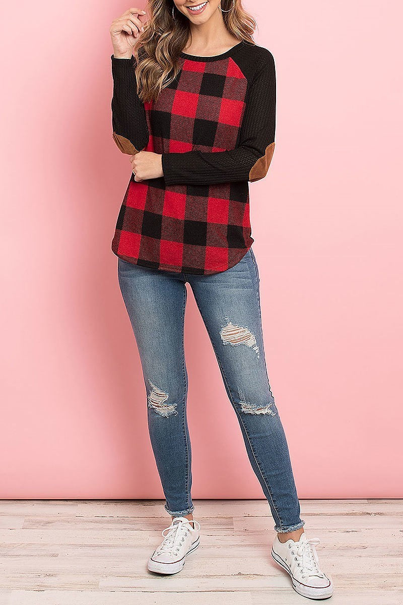 Elbow patched rib detail sleeve plaid top (ED8306-LAST)