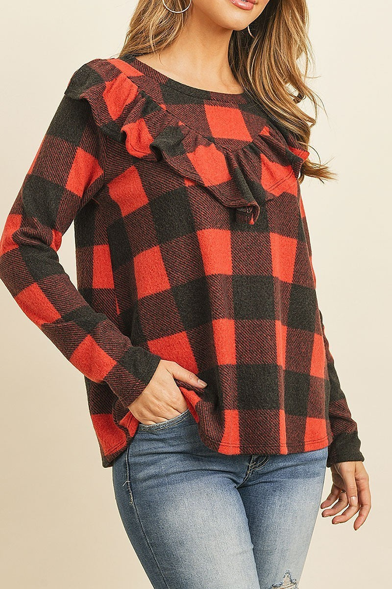 Brushed plaid ruffle detail long sleeve top (EF7893)