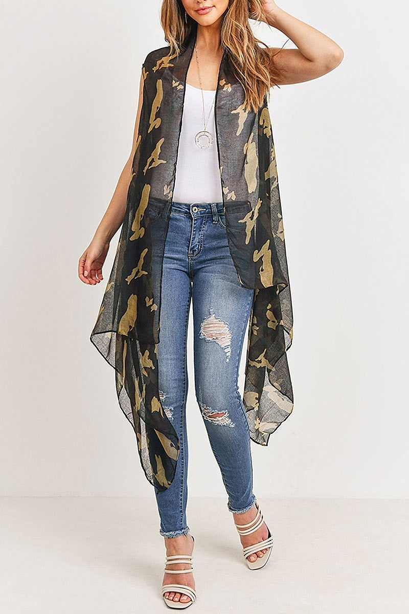 Knee length camouflage open front kimono vest (DGS5177)