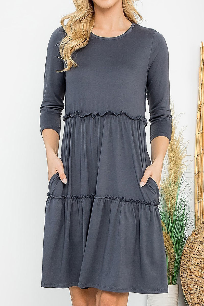 Solid 3/4 sleeve merrow detail flare dress (DED8854)