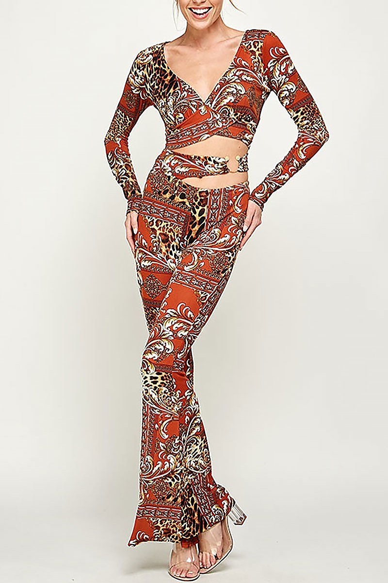 Paisley print wrap crop top and pants set (EF2899)