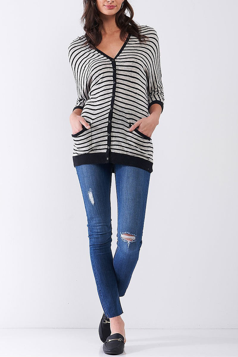 Stripe pocket detail button front cardigan (TDG8032)