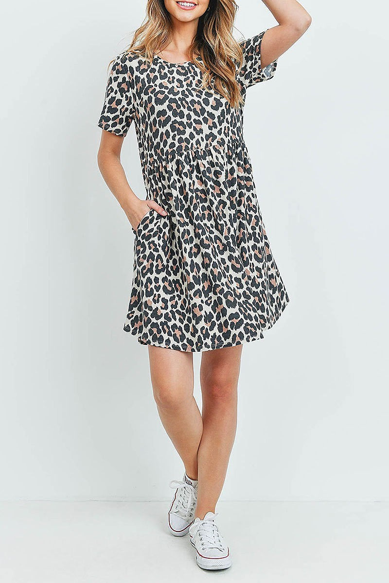 Cinch waist short sleeves on seam pocket leopard dress (DED6081)