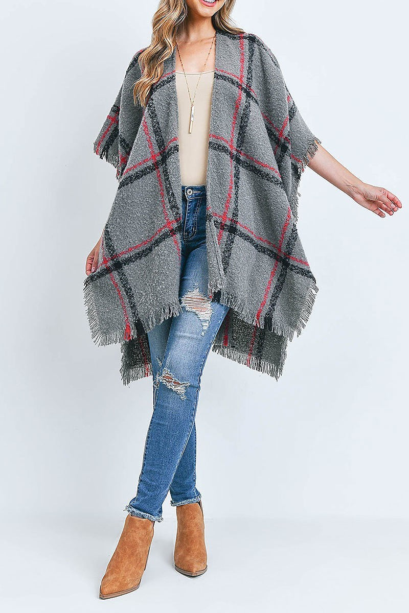 Plaid open front fringe kimono (DGS5409)