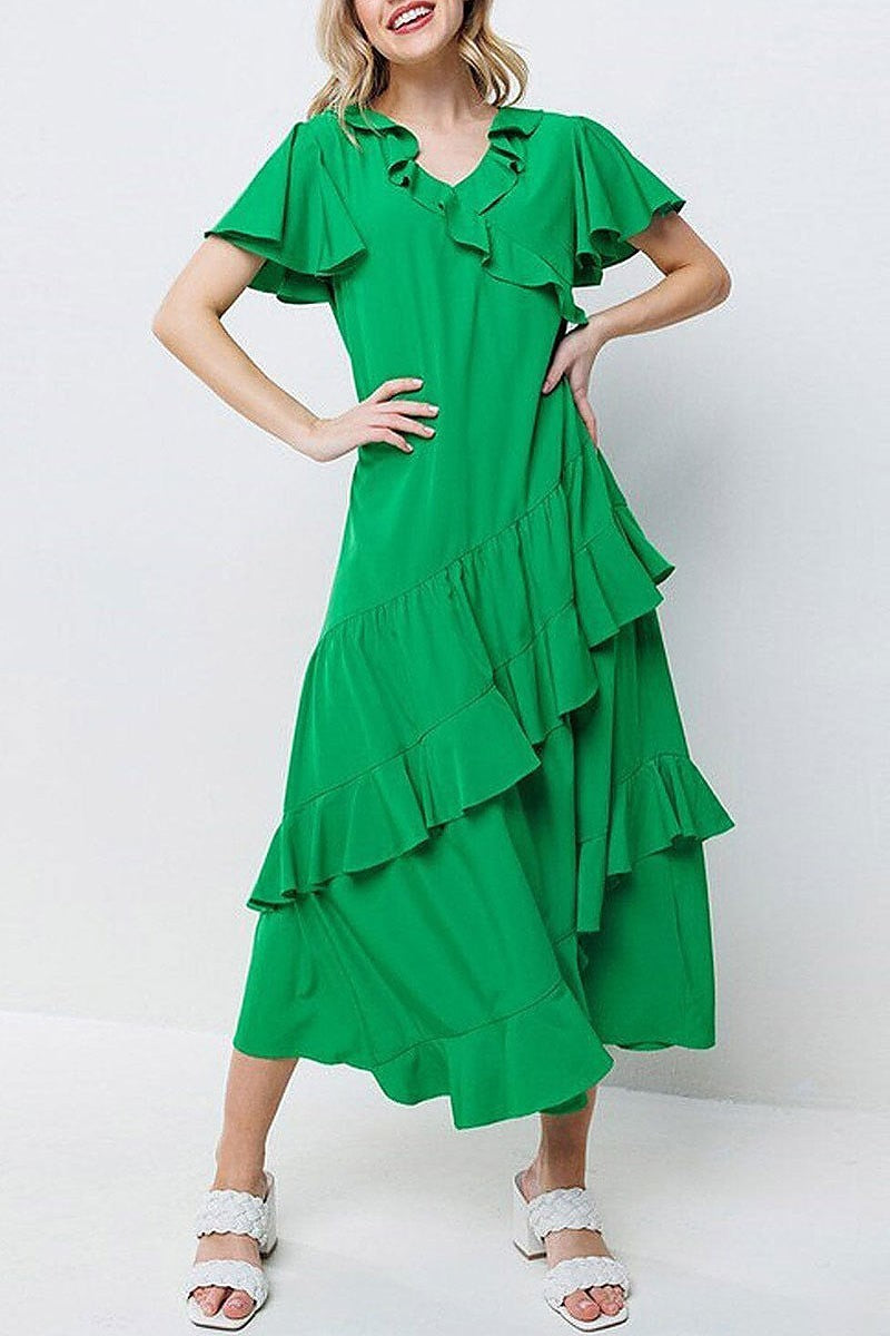 Short sleeve ruffle detailed surplice maxi dress (EFWT6249)