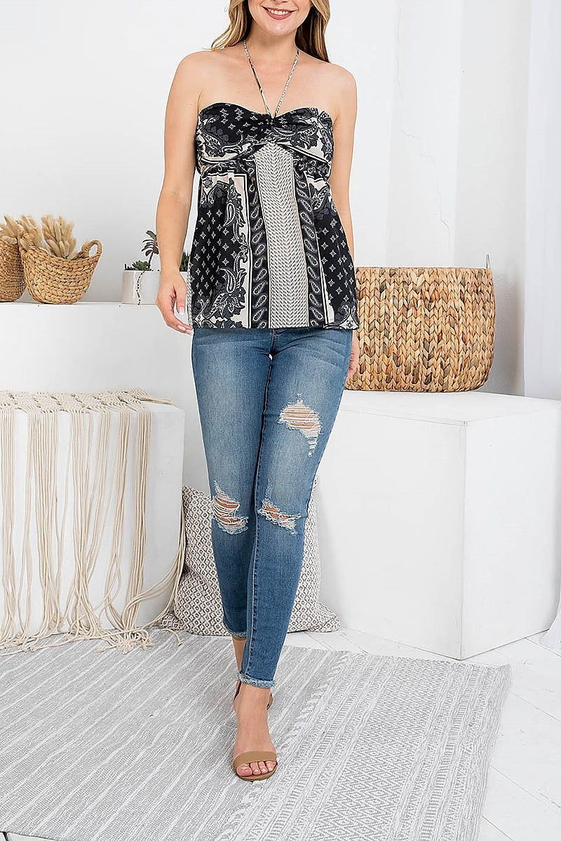 Paisley print ruched front halter neck top (EF2213)