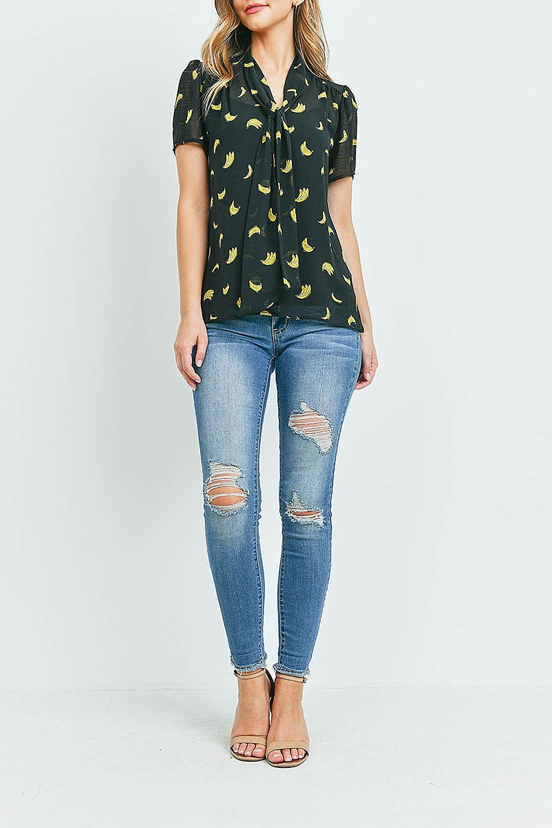 Banana print tie neck detail sheer top (ED9350)