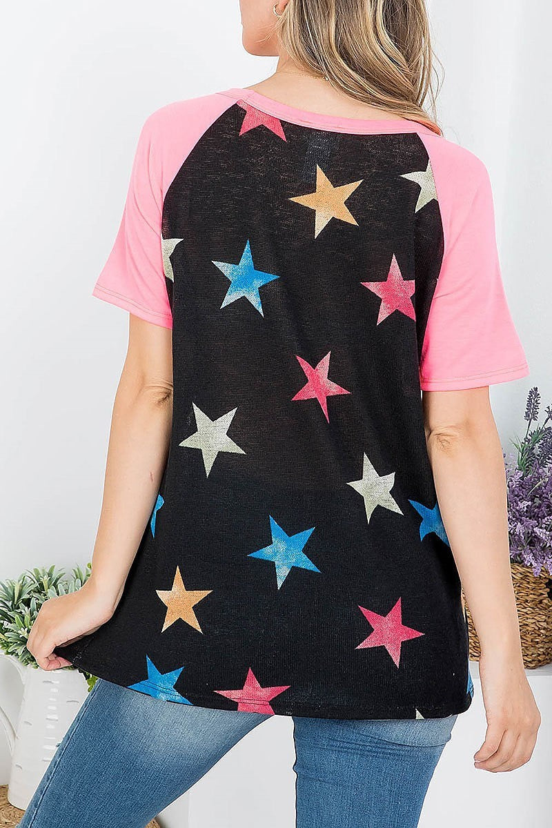 Star print scooped neckline top (EF4101)