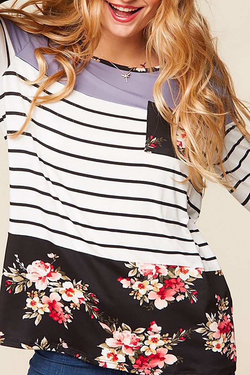 Floral print stripe color block top (EDBM3559)