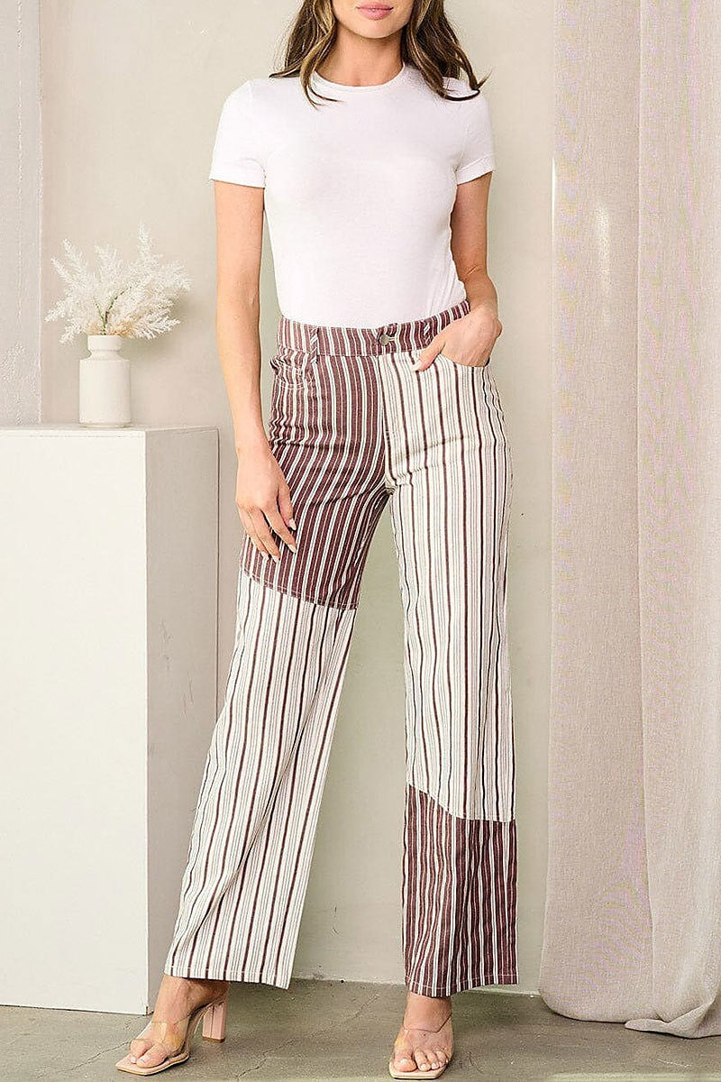 Button closure pockets stripes colorblock pants (EFWT3959)